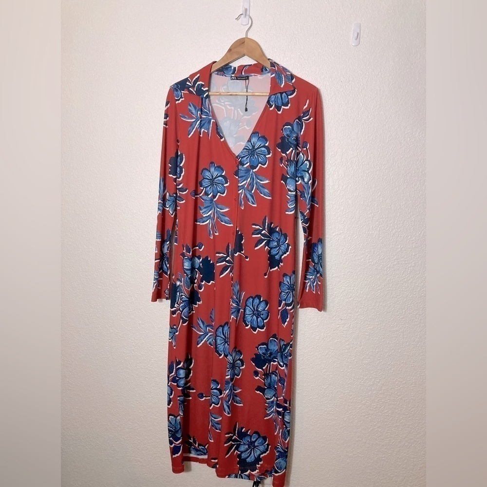 Zara red and blue floral long sleeve button front maxi shift dress size Medium